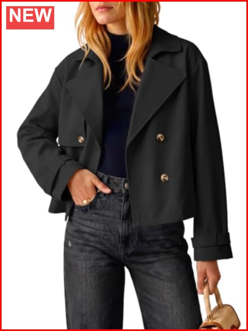 Cropped Trench Coat Women Double Breasted Short Jacket Lapel Raglan Sleeve